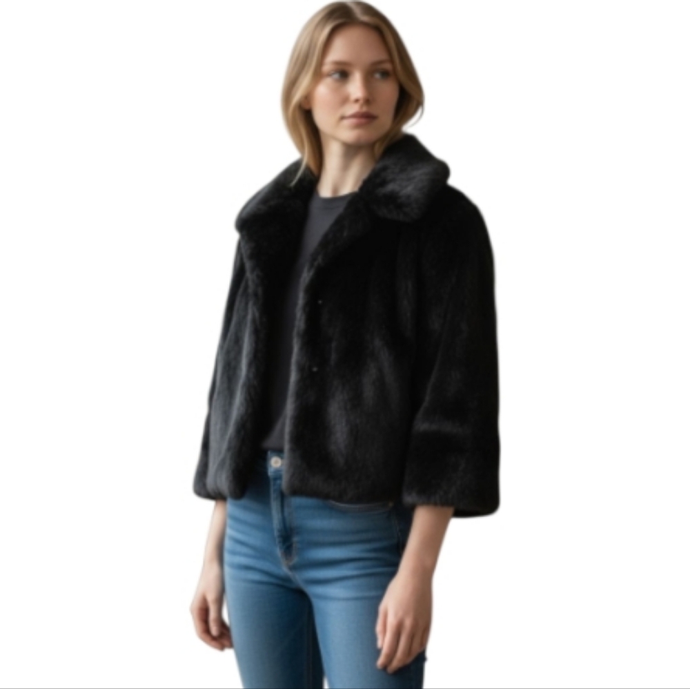 Calvin Klein Fur Capelet Coat Black Size 6-8 Black NWOT